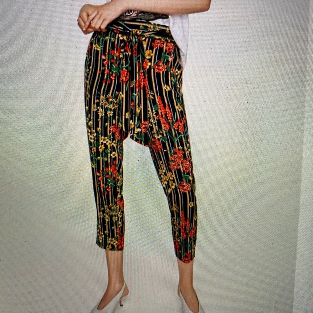 Striped Floral Print Trousers